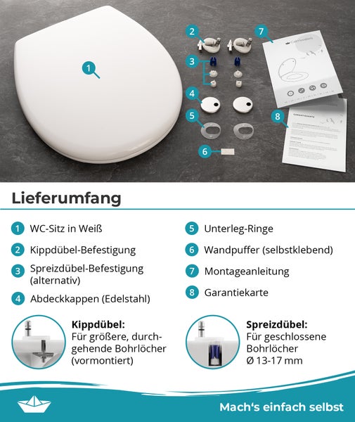 Lieferumfang eines WC Sitzes mit Befestigungsmaterial, Montageanleitung, Garantiekarte und Wandpuffern für eine fachgerechte Installation.