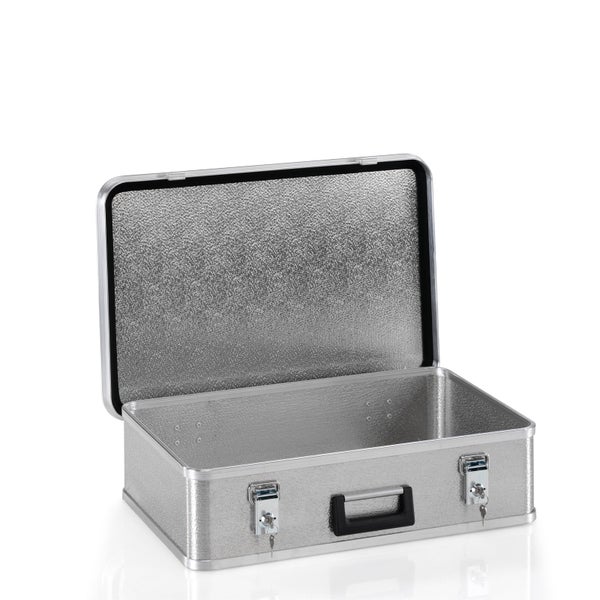 Offener Aluminium-Transportkoffer mit schwarzem Tragegriff und zwei Schlössern mit Schlüsseln.