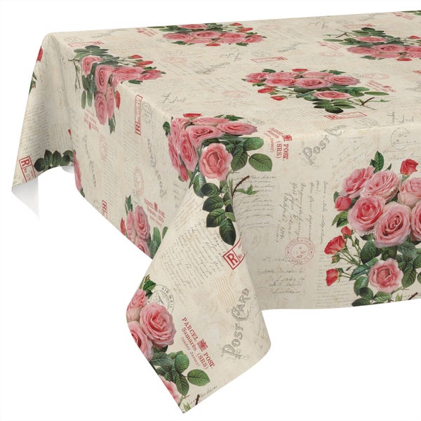 Tischdecke mit floralem Muster aus Rosen und Vintage-Postkartenmotiven.