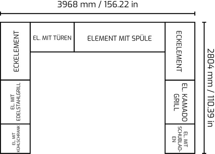 Abmessungen einer U-förmigen Outdoor-Küche mit Spüle, Edelstahlelementen, Kamado Grill und Kühlschrank