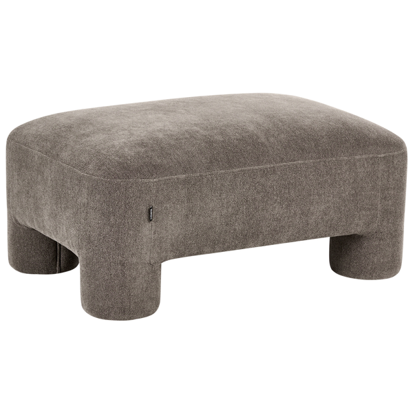 Gepolsterter rechteckiger Hocker mit Stoffbezug und massiven Füßen.