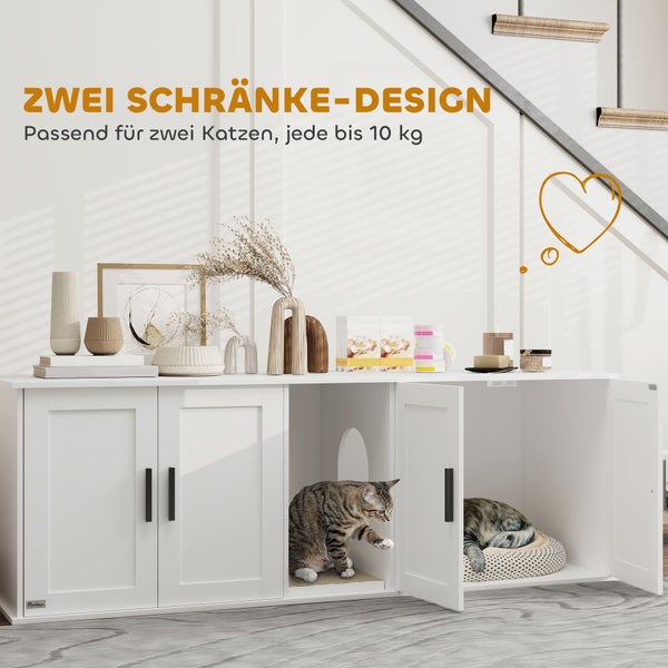 Weißer PawHut Katzenschrank in heller Umgebung, vier Türen und zwei Fächer für Katzen bis 10 Kilogramm, modernes Sideboard-Design, organisiert.