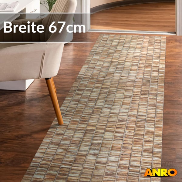 Küchenläufer mit Mosaikmuster in einem Raum auf dunklem Holzboden, Breite 67 Zentimeter, ANRO Logo.