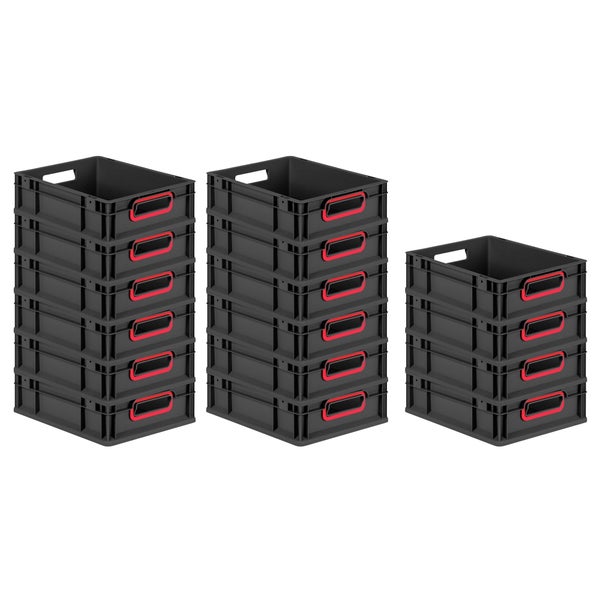 PROREGAL SuperSparSet 16x Eurobox NextGen Color, HxBxT 12x30x40cm, 11 Liter, Griffe rot offen, Schwarz, Eurobehälter, Transportbox, Transportbehälter, Stapelbehälter