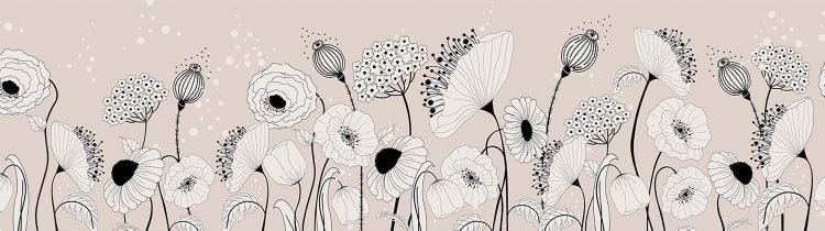 Bordüre mit handgezeichnetem Blumenmuster aus Mohn und Wiesenblumen in Schwarz-Weiß.