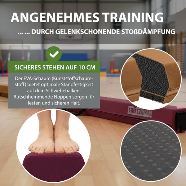 Trutzholm Schwebebalken aus dämpfendem Kunststoffschaum mit 10 Zentimeter Breite, rutschhemmenden Noppen und gelenkschonender Stoßdämpfung.