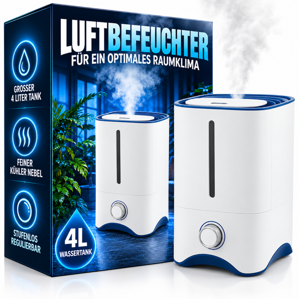 Luftbefeuchter mit vier Liter Wassertank und stufenloser Regulierung zur Verbesserung des Raumklimas.