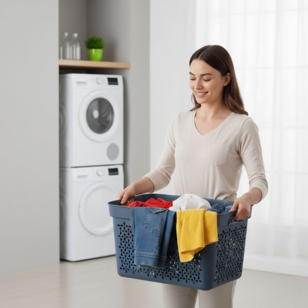 Frau trägt Wäschekorb in Waschküche mit Waschmaschine und Trockner
