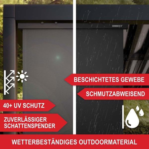 Wetterbeständiger Sonnenschutz für außen mit 40 plus UV-Schutz, beschichtetem, schmutzabweisendem Gewebe und zuverlässiger Beschattung.
