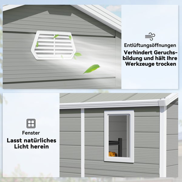 Modernes Metall-Gerätehaus mit Satteldach, Doppeltür und Seitenfenster in einem hellen, organisierten Garten auf Kies.