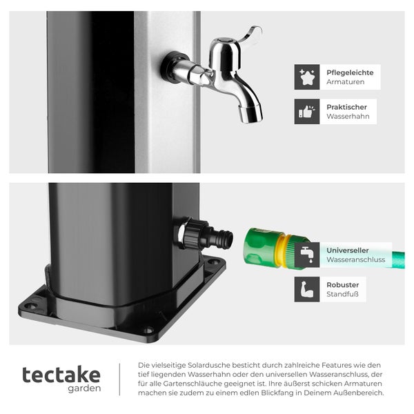 Solardusche mit praktischem Wasserhahn, universellem Wasseranschluss und robustem Standfuß für den Garten. tectake garden Logo.