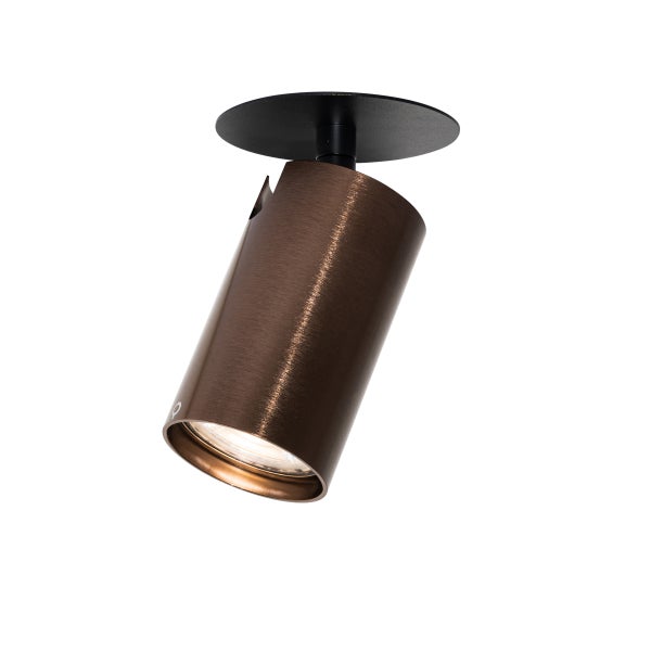 Verstellbarer zylindrischer Strahler aus gebürsteter Bronze mit einer schwarzen runden Halterung.