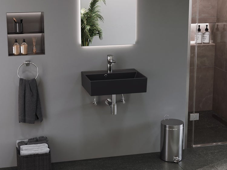 Aqua Bagno Basic Plan Waschbecken 10.16.30.02.04 – 50 x 38 cm – Schwarz Matt – Keramikbecken mit Hahnloch & Überlauf