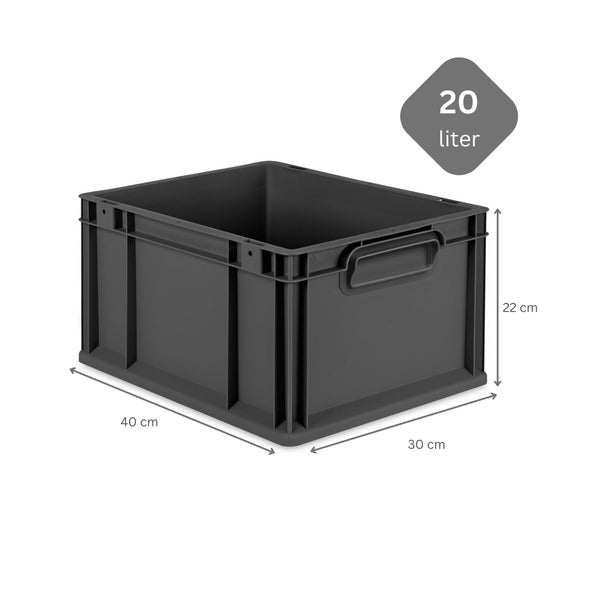 PROREGAL SuperSparSet 8x Eurobox NextGen Grip mit Scharnierdeckel und gelben Schiebeschnappverschlüssen, HxBxT 22x30x40cm, 20 Liter, Schwarz, Griffe geschlossen, Eurobehälter, Transportbox, Transportbehälter, Stapelbehälter