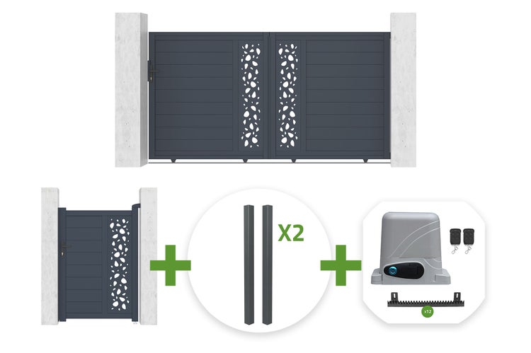Elektrisches Schiebetor-Set aus Aluminium in Anthrazit mit Querlatten, dekorativem Lochblech, zwei Pfosten, Motor und Fernbedienungen.