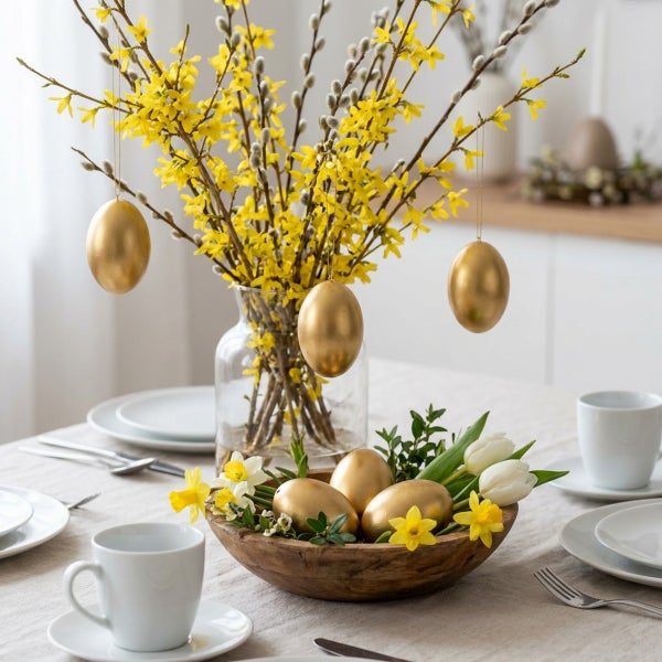 Osterdekoration mit goldene Eier in einer Holzschale und in einer Glasvase mit Forsythienzweigen auf einem gedeckten Tisch