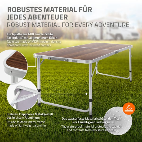 ECD Germany Campingtisch Klapptisch mit Tragegriff 120x60x55/63/70 cm Braun aus Aluminium und MDF Holzdekor höhenverstellbar klappbar - Falttisch Gartentisch Balkontisch Reisetisch Arbeitstisch Tisch