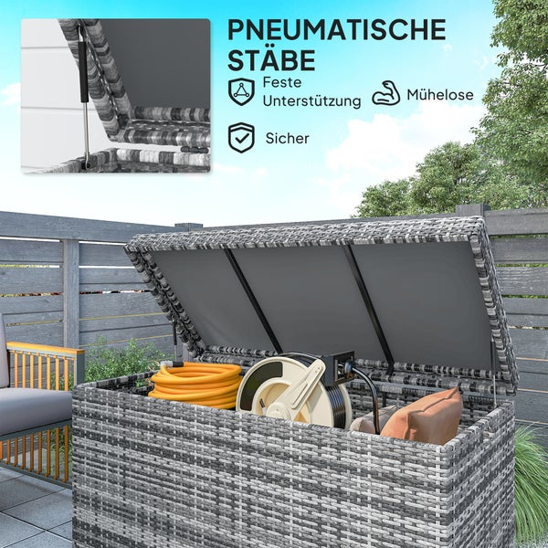 Geöffnete, graue Gartenbox aus Polyrattan mit pneumatischen Stäben, die feste Unterstützung und müheloses Öffnen sowie Schließen ermöglichen.