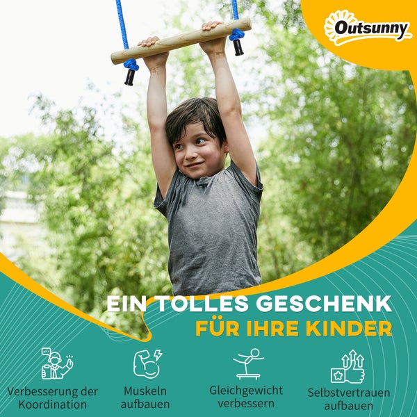 Junge hängt an Reckstange von Outsunny mit Text: Ein tolles Geschenk für Ihre Kinder