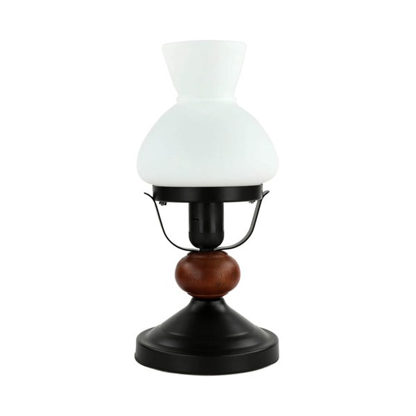 Tischleuchte mit Lampenschirm aus Glas und Holzfuß