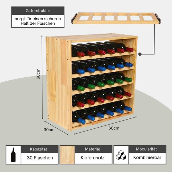 Weinregal aus Kiefernholz für 30 Flaschen, Maße 60 mal 60 mal 30 Zentimeter, Gitterstruktur für sicheren Halt, modular kombinierbar.