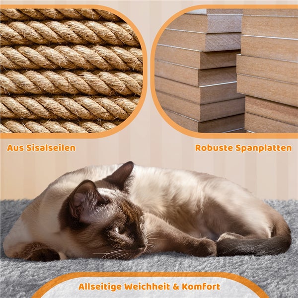 Nahaufnahme von Sisalseilen, robusten Spanplatten und einer Katze, die auf einer weichen Oberfläche liegt