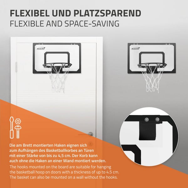 Hauki Mini Basketballkorb Set fürs Zimmer 3 Bälle Ø16cm, Netz, Pumpe, 45,5x30,5 cm, Schwarz, tragbar, Backboard Tür/Wandmontage, ohne Bohren, Indoor Basketball Hoop hängend, Hängebrett Basketballbrett