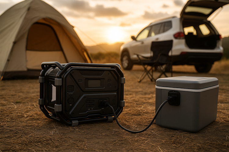 Szene mit tragbarem Generator, Kühlbox, Zelt und Auto im Freien