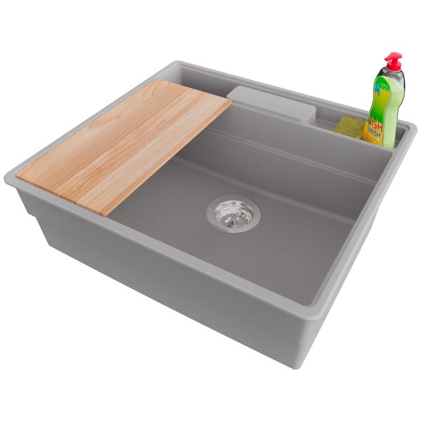 Spülbecken mit Schneidebrett, Spülmittel und Schwamm