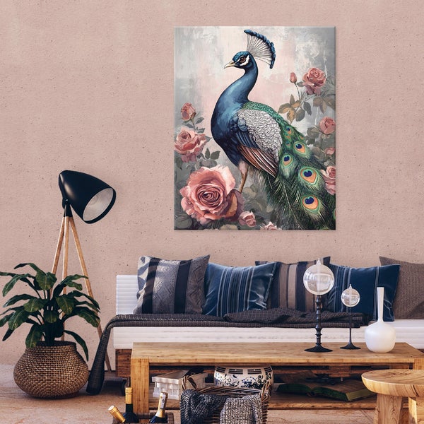Dekorative Leinwand mit Pfau- und Rosenmotiv über Sofa