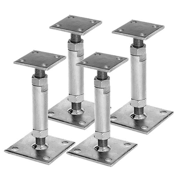Vier verstellbare Pfostenträger aus Metall mit quadratischer Grundplatte