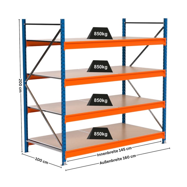 Lagerregal mit vier Ebenen, Traglast 850 Kilogramm pro Ebene, Abmessungen 200x100x160 Zentimeter