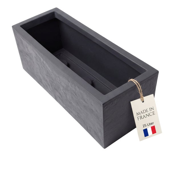 Rechteckiger Pflanzkasten aus Kunststoff mit einer Kapazität von 25 Litern und Made in France Kennzeichnung