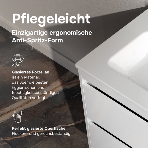Waschtisch mit Unterschrank aus glasiertem Porzellan mit pflegeleichter und fleckenbeständiger Oberfläche und ergonomischem Design.