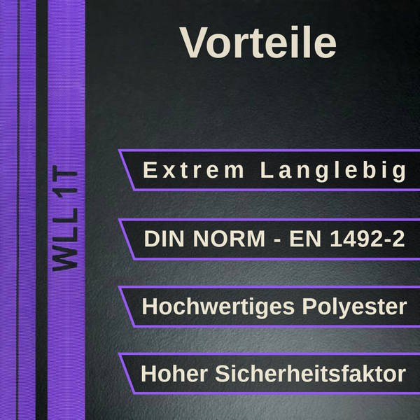 Vorteile der Rundschlinge: extrem langlebig, DIN Norm EN 1492-2, hochwertiges Polyester, hoher Sicherheitsfaktor, Tragfähigkeit 1 Tonne.
