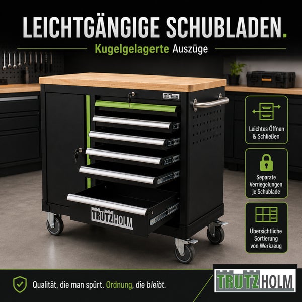 Trutzholm Werkstattwagen mit kugelgelagerten Schubladen, separaten Verriegelungen und Holz-Arbeitsplatte.