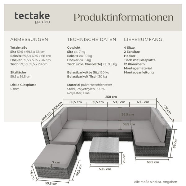 Rattan Lounge tectake Venedig mit Sicherheitsglasplatte für 6 bis 7 Personen grau