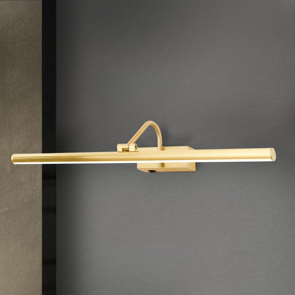 Moderne LED Bilderleuchte in Metalloptik zur Wandmontage mit schwenkbarem Leuchtenkopf zur gezielten Beleuchtung von Wandbildern.
