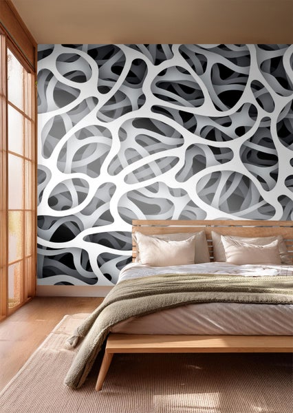 Schlafzimmer mit Fototapete im modernen Design und Holzbett