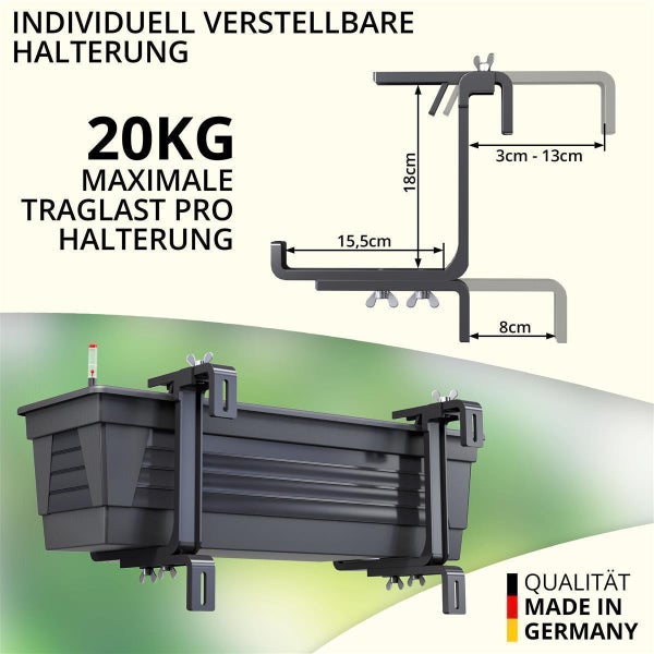 Plastard Blumenkasten 60 x 21 x17 cm Anthrazit mit Hydroeinsatz, Wasserstandsanzeiger und passender Halterung