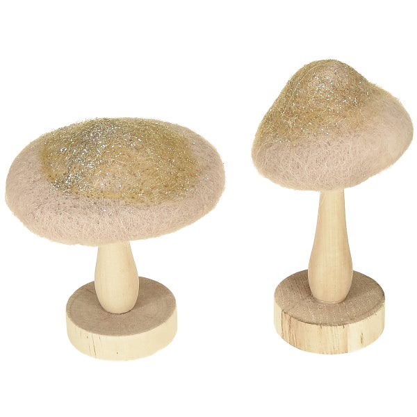 Zwei dekorative Pilze aus Holz und Filz mit Glitzerapplikationen.