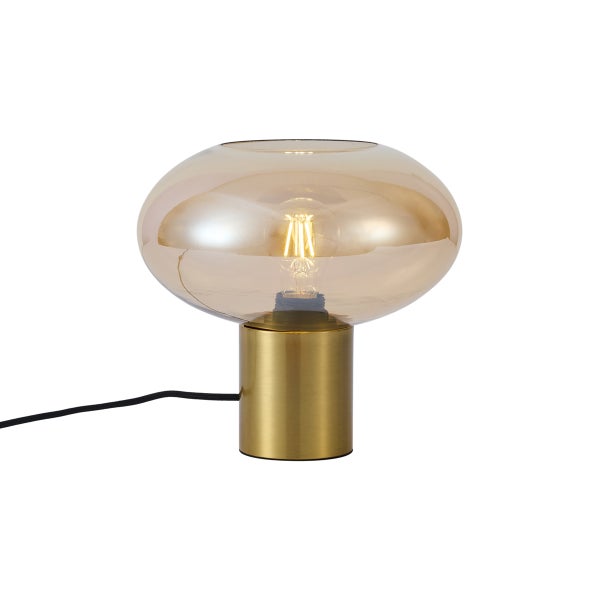 Tischleuchte mit goldfarbenem zylindrischem Sockel und bernsteinfarbenem Glasschirm in Pilzform inklusive sichtbarem LED Leuchtmittel.