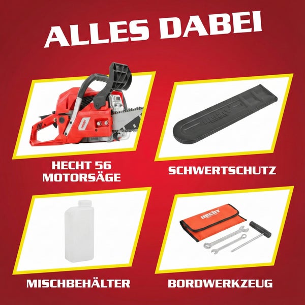 Hecht 56 Motorsäge mit Schwertschutz, Mischbehälter und Bordwerkzeug