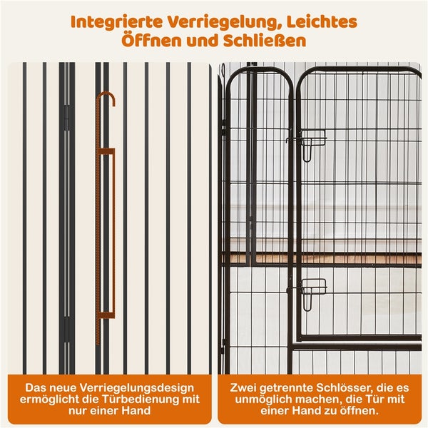 Detailansicht eines Hundegatters mit Tür und Verriegelungsmechanismus