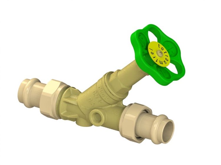 Schrägsitzventil aus Messing mit Pressanschlüssen und grünem Handrad, Nenndurchmesser 20 Millimeter, totraumfrei.