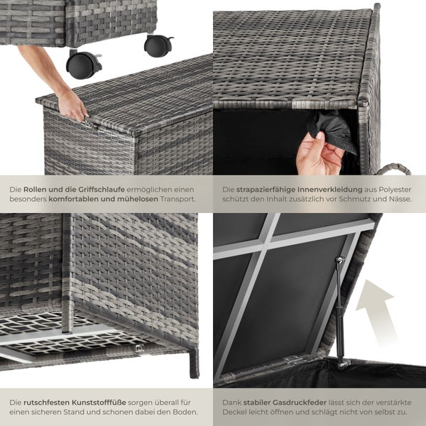 Details einer Auflagenbox: Transportrollen mit Griffschlaufe, Polyester-Innenfutter, rutschfeste Kunststofffüße und Gasdruckfeder am Deckel.