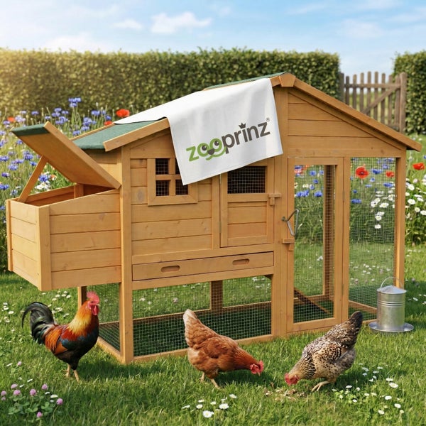 Zooprinz Hühnerstall aus Holz mit grünem Dach, Nistkasten und integriertem Freilaufgehege in einem hellen, organisierten Garten mit Hühnern.