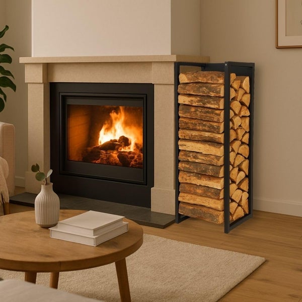 Wohnzimmer mit Kamin und Holzregal