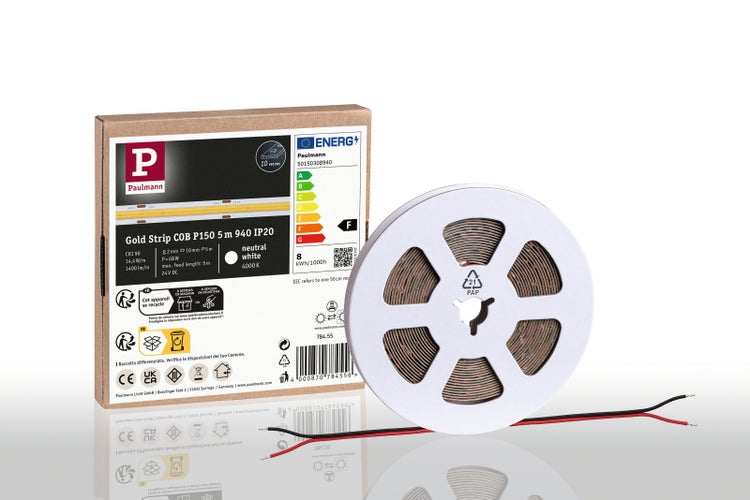 Paulmann Gold Strip COB LED-Streifen, 5 Meter, neutralweiß, IP20, auf Kunststoffspule mit Verpackung und Energieetikett.