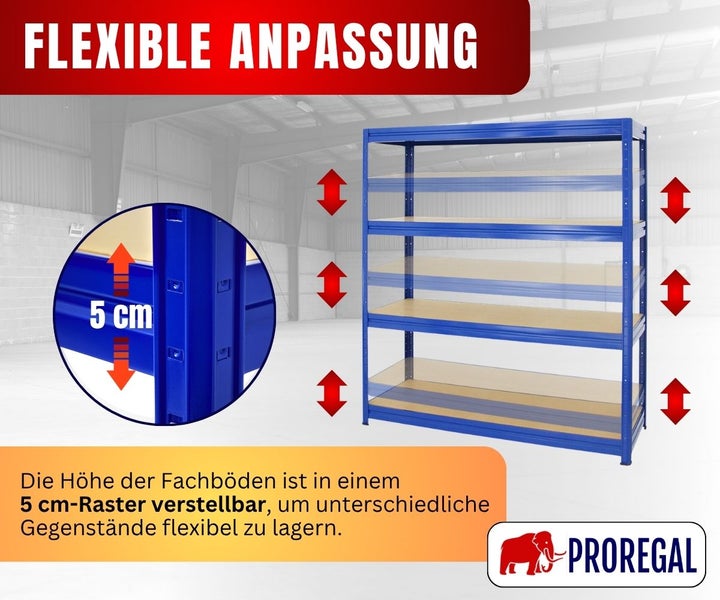 Schwerlastregal mit Fachböden, die in einem 5 Zentimeter Raster höhenverstellbar sind. Proregal Logo.
